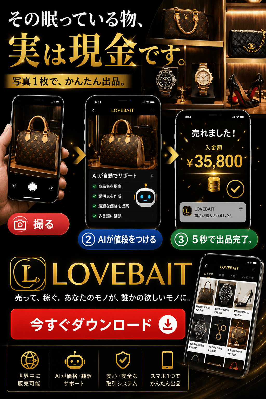 LOVEBAIT — その眠っている物、実は現金です。写真1枚で、かんたん出品。今すぐダウンロード