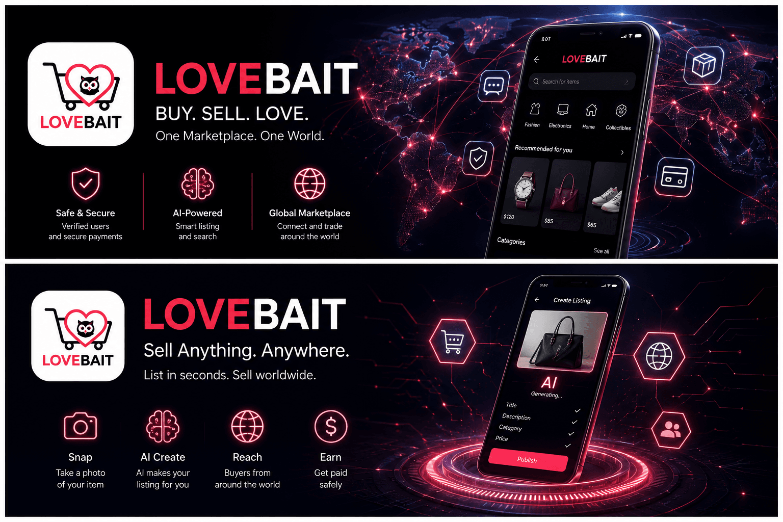 LOVEBAIT アプリ画面 — ホーム(商品一覧)とAIによる出品画面